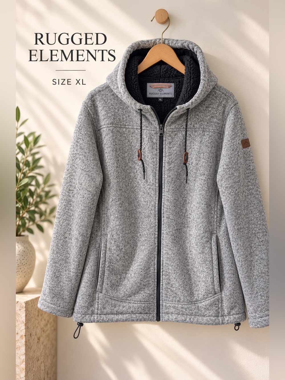 Rugged Elements Sherpa Lined Sweater Fleece Hooded Jacket Gray XL